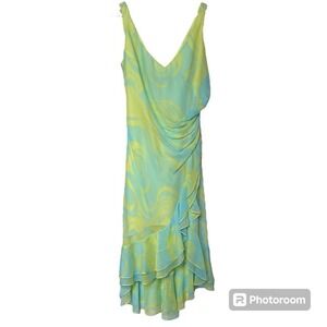 Jones New York Silk Y2K Waterfall Dress Womens 14 Abstract Ruched‎ Green Blue